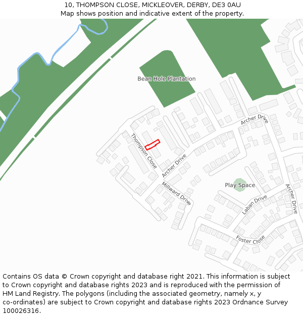 10, THOMPSON CLOSE, MICKLEOVER, DERBY, DE3 0AU: Location map and indicative extent of plot