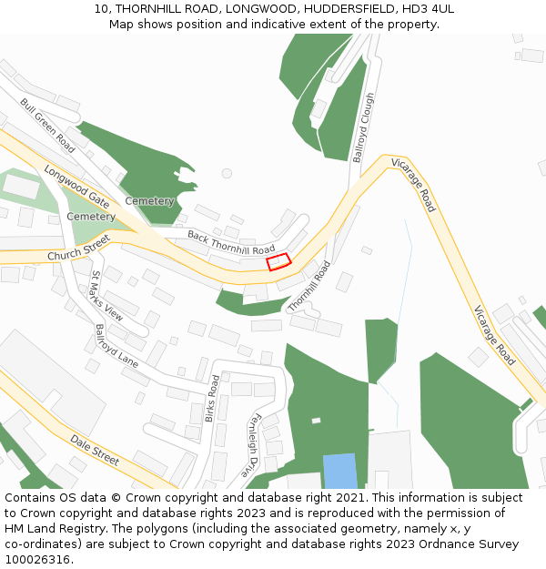 10, THORNHILL ROAD, LONGWOOD, HUDDERSFIELD, HD3 4UL: Location map and indicative extent of plot