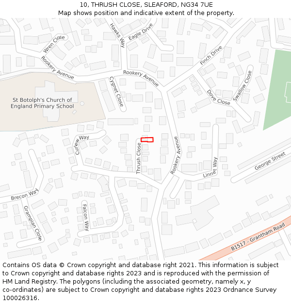 10, THRUSH CLOSE, SLEAFORD, NG34 7UE: Location map and indicative extent of plot