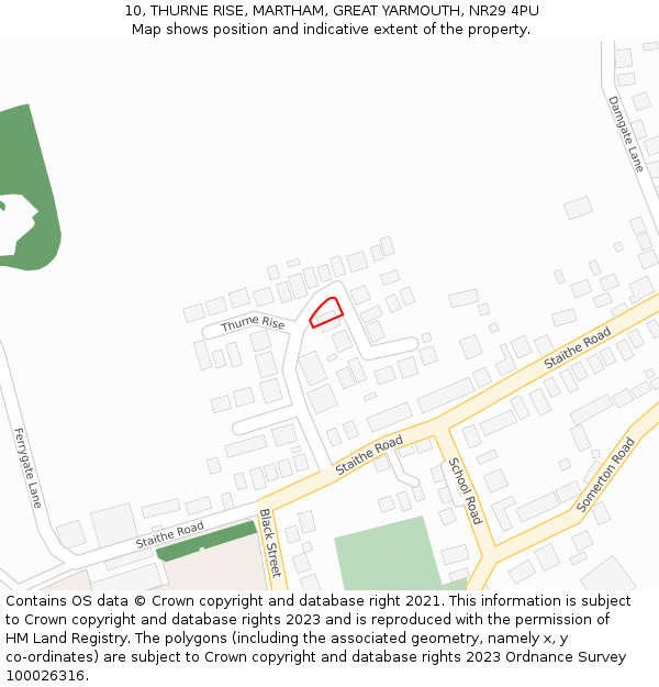 10, THURNE RISE, MARTHAM, GREAT YARMOUTH, NR29 4PU: Location map and indicative extent of plot