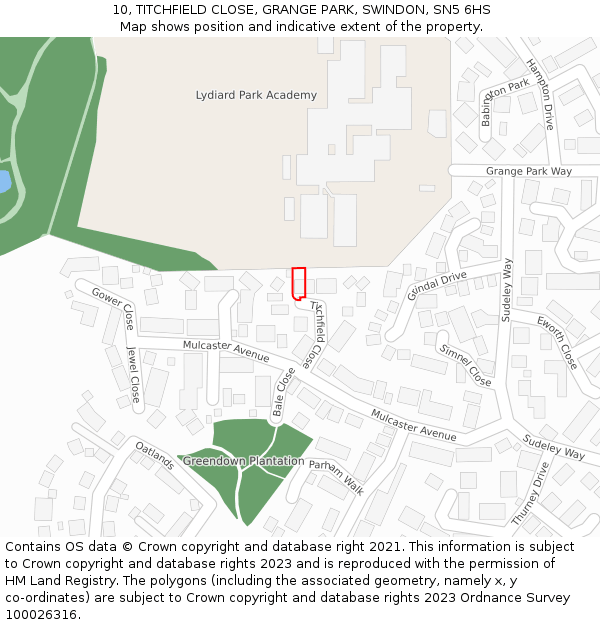 10, TITCHFIELD CLOSE, GRANGE PARK, SWINDON, SN5 6HS: Location map and indicative extent of plot