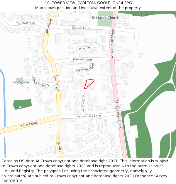 10, TOWER VIEW, CARLTON, GOOLE, DN14 9PG: Location map and indicative extent of plot