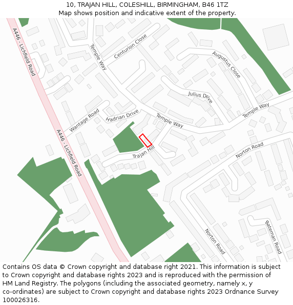 10, TRAJAN HILL, COLESHILL, BIRMINGHAM, B46 1TZ: Location map and indicative extent of plot