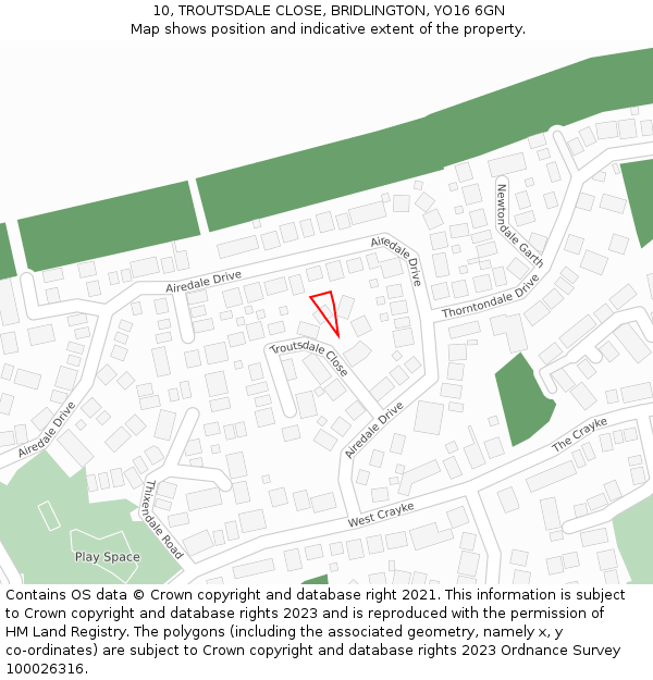 10, TROUTSDALE CLOSE, BRIDLINGTON, YO16 6GN: Location map and indicative extent of plot