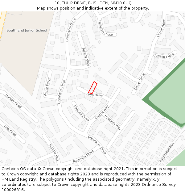 10, TULIP DRIVE, RUSHDEN, NN10 0UQ: Location map and indicative extent of plot