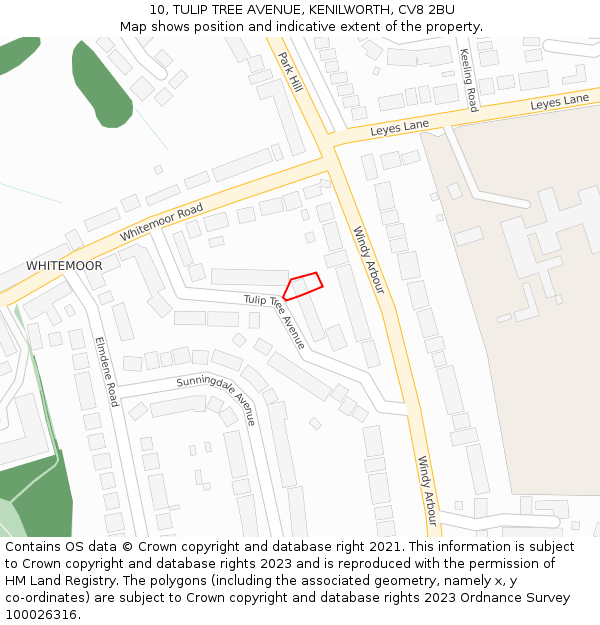 10, TULIP TREE AVENUE, KENILWORTH, CV8 2BU: Location map and indicative extent of plot