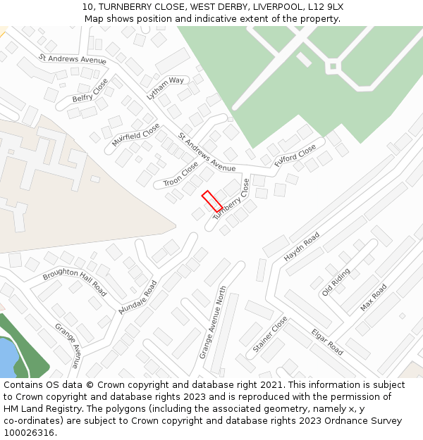 10, TURNBERRY CLOSE, WEST DERBY, LIVERPOOL, L12 9LX: Location map and indicative extent of plot