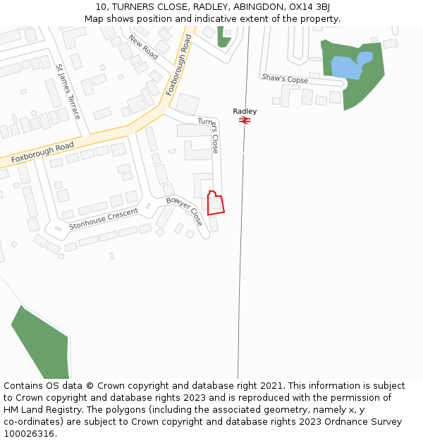 10, TURNERS CLOSE, RADLEY, ABINGDON, OX14 3BJ: Location map and indicative extent of plot