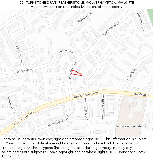 10, TURNSTONE DRIVE, FEATHERSTONE, WOLVERHAMPTON, WV10 7TB: Location map and indicative extent of plot