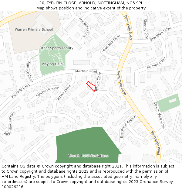 10, TYBURN CLOSE, ARNOLD, NOTTINGHAM, NG5 9PL: Location map and indicative extent of plot