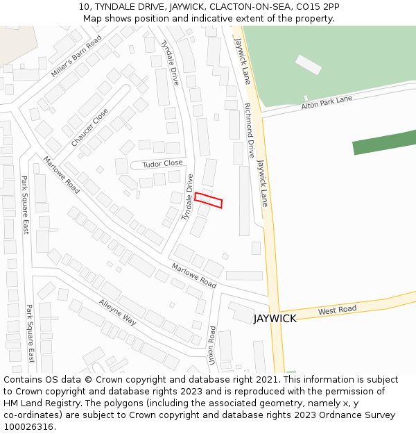 10, TYNDALE DRIVE, JAYWICK, CLACTON-ON-SEA, CO15 2PP: Location map and indicative extent of plot