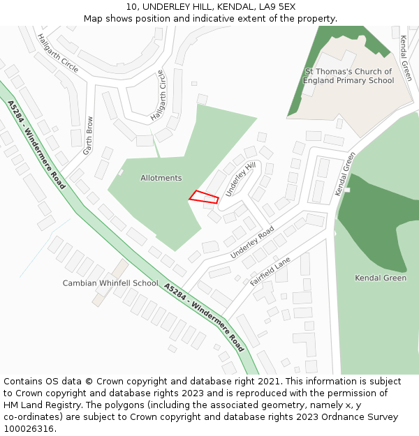 10, UNDERLEY HILL, KENDAL, LA9 5EX: Location map and indicative extent of plot