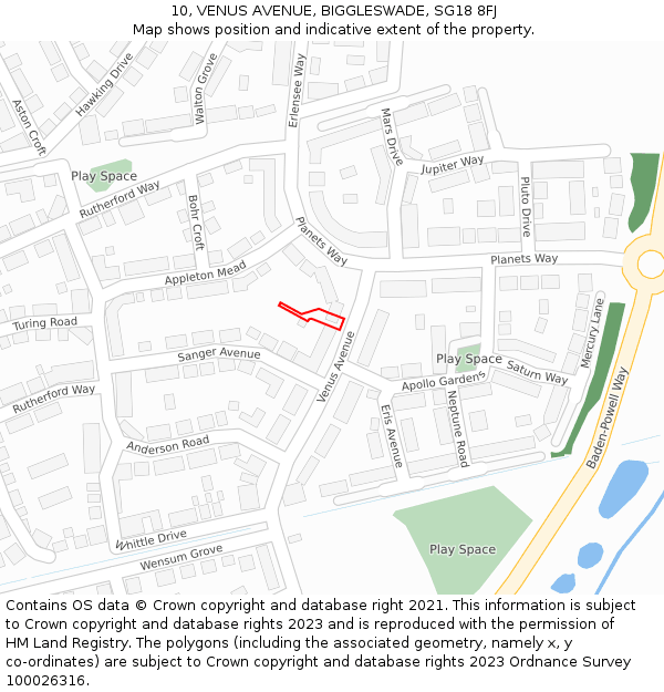 10, VENUS AVENUE, BIGGLESWADE, SG18 8FJ: Location map and indicative extent of plot