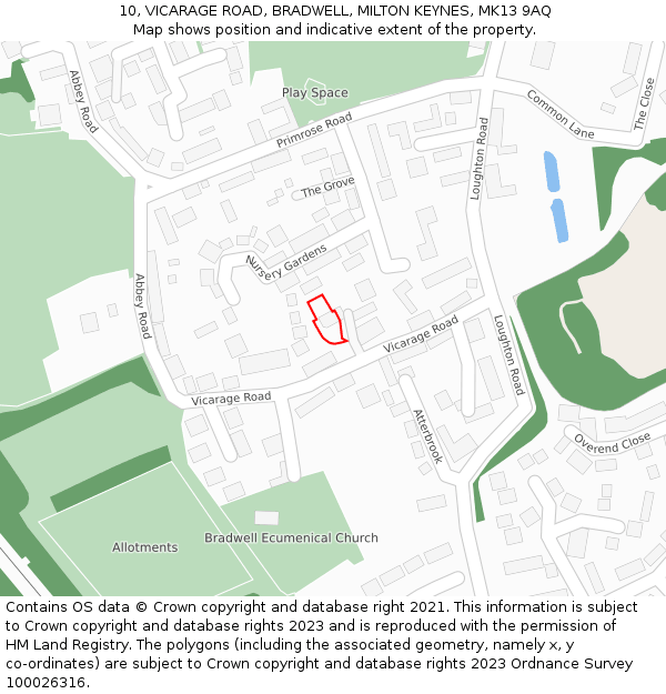 10, VICARAGE ROAD, BRADWELL, MILTON KEYNES, MK13 9AQ: Location map and indicative extent of plot