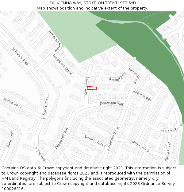 10, VIENNA WAY, STOKE-ON-TRENT, ST3 5YB: Location map and indicative extent of plot