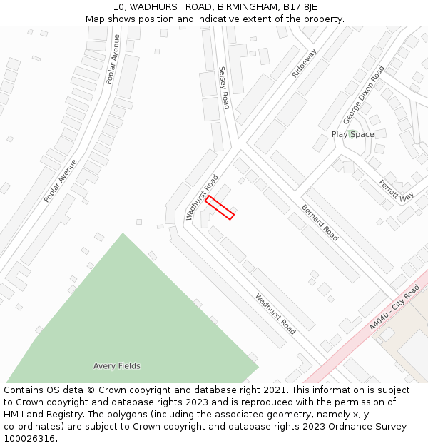 10, WADHURST ROAD, BIRMINGHAM, B17 8JE: Location map and indicative extent of plot