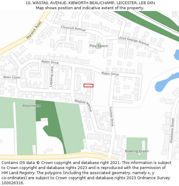 10, WAGTAIL AVENUE, KIBWORTH BEAUCHAMP, LEICESTER, LE8 0XN: Location map and indicative extent of plot