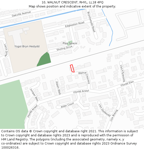 10, WALNUT CRESCENT, RHYL, LL18 4PQ: Location map and indicative extent of plot