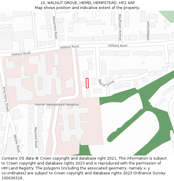 10, WALNUT GROVE, HEMEL HEMPSTEAD, HP2 4AP: Location map and indicative extent of plot