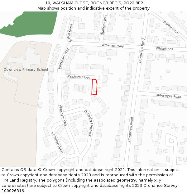 10, WALSHAM CLOSE, BOGNOR REGIS, PO22 8EP: Location map and indicative extent of plot