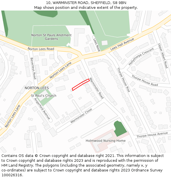 10, WARMINSTER ROAD, SHEFFIELD, S8 9BN: Location map and indicative extent of plot