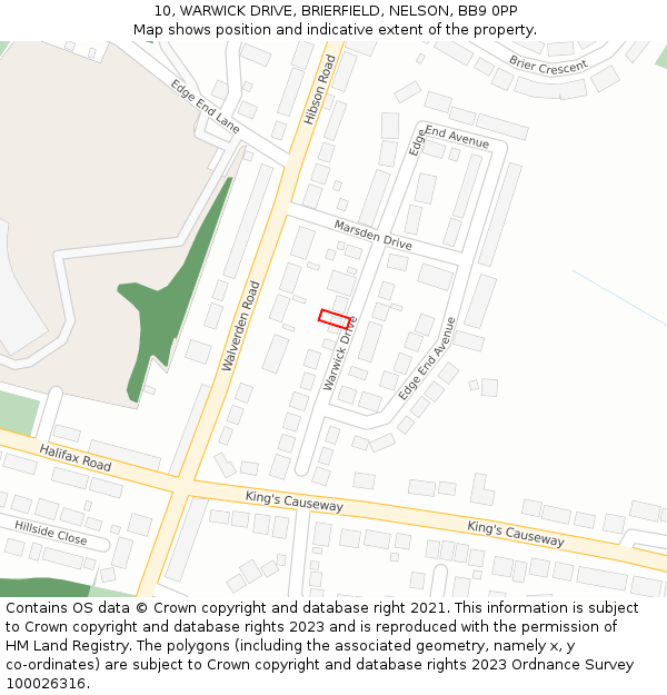 10, WARWICK DRIVE, BRIERFIELD, NELSON, BB9 0PP: Location map and indicative extent of plot
