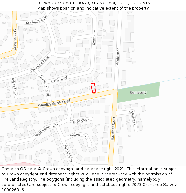 10, WAUDBY GARTH ROAD, KEYINGHAM, HULL, HU12 9TN: Location map and indicative extent of plot