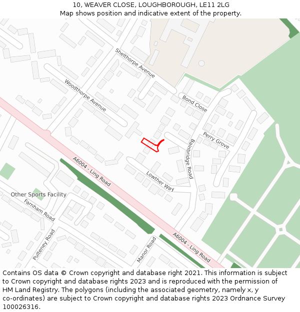 10, WEAVER CLOSE, LOUGHBOROUGH, LE11 2LG: Location map and indicative extent of plot