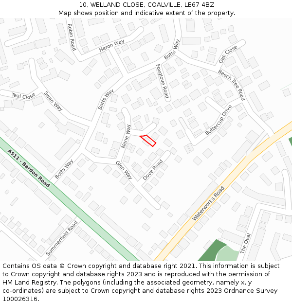 10, WELLAND CLOSE, COALVILLE, LE67 4BZ: Location map and indicative extent of plot