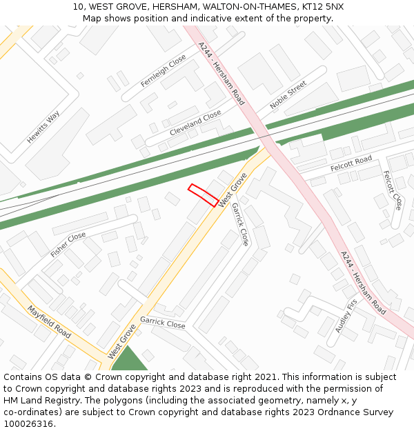 10, WEST GROVE, HERSHAM, WALTON-ON-THAMES, KT12 5NX: Location map and indicative extent of plot