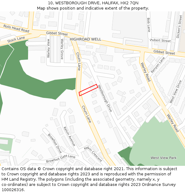 10, WESTBOROUGH DRIVE, HALIFAX, HX2 7QN: Location map and indicative extent of plot