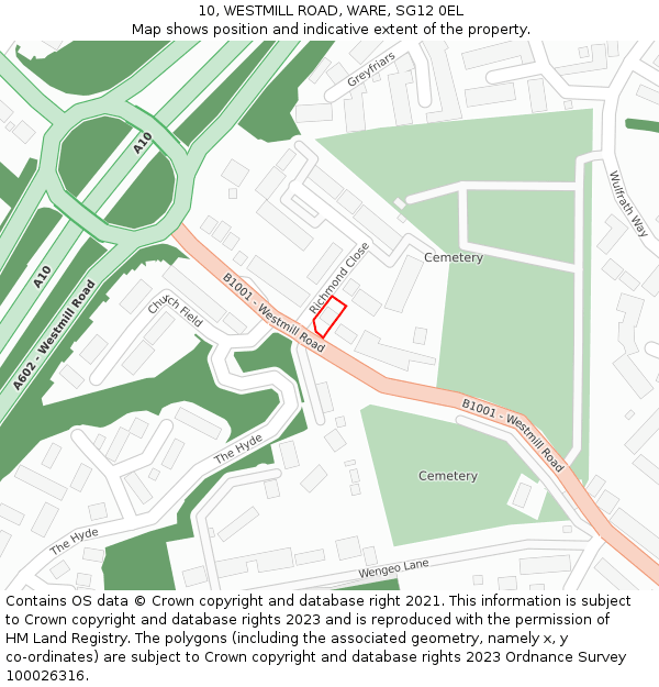 10, WESTMILL ROAD, WARE, SG12 0EL: Location map and indicative extent of plot