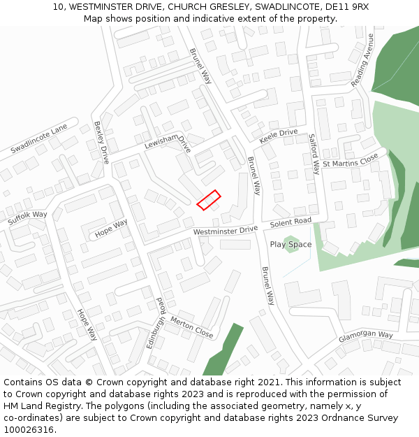 10, WESTMINSTER DRIVE, CHURCH GRESLEY, SWADLINCOTE, DE11 9RX: Location map and indicative extent of plot