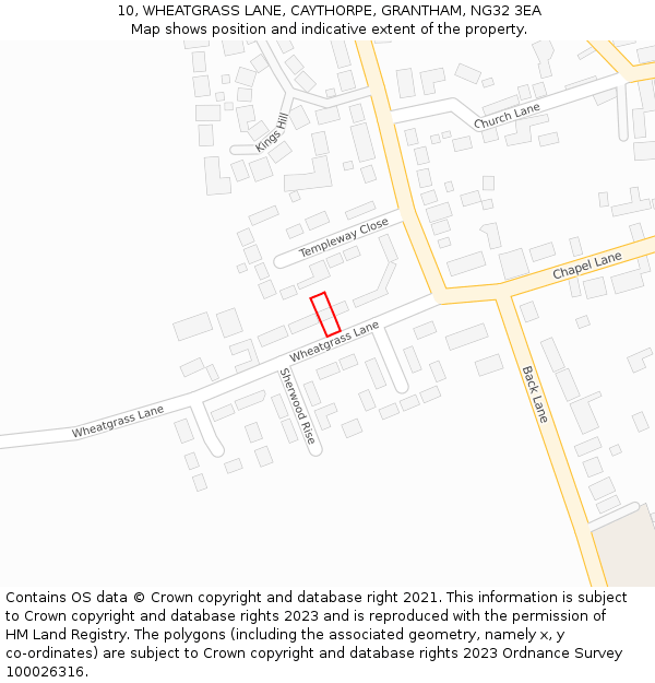 10, WHEATGRASS LANE, CAYTHORPE, GRANTHAM, NG32 3EA: Location map and indicative extent of plot