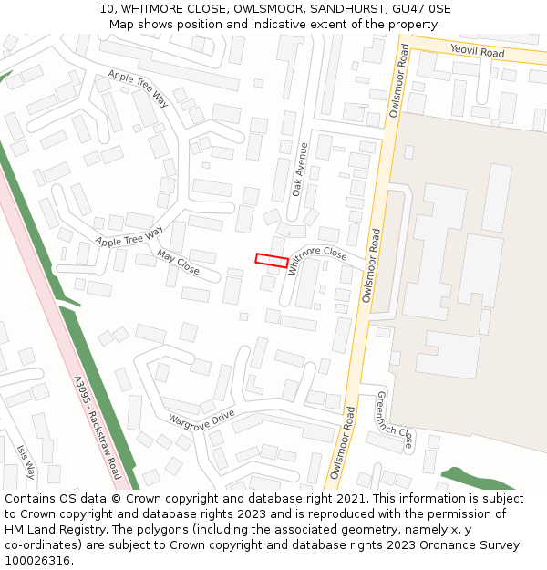 10, WHITMORE CLOSE, OWLSMOOR, SANDHURST, GU47 0SE: Location map and indicative extent of plot