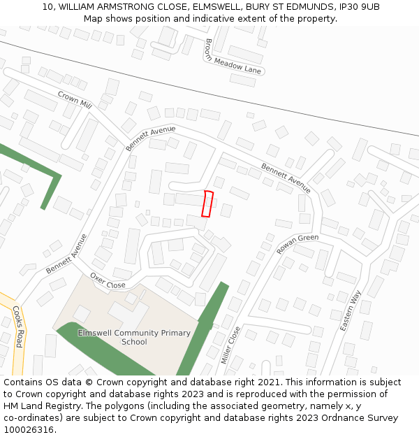 10, WILLIAM ARMSTRONG CLOSE, ELMSWELL, BURY ST EDMUNDS, IP30 9UB: Location map and indicative extent of plot