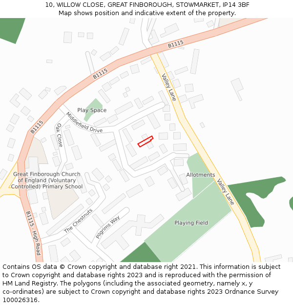 10, WILLOW CLOSE, GREAT FINBOROUGH, STOWMARKET, IP14 3BF: Location map and indicative extent of plot