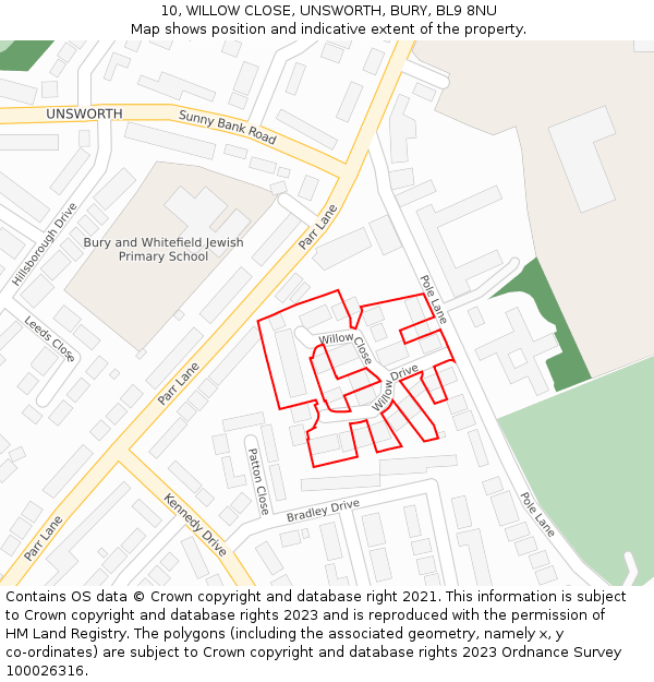 10, WILLOW CLOSE, UNSWORTH, BURY, BL9 8NU: Location map and indicative extent of plot