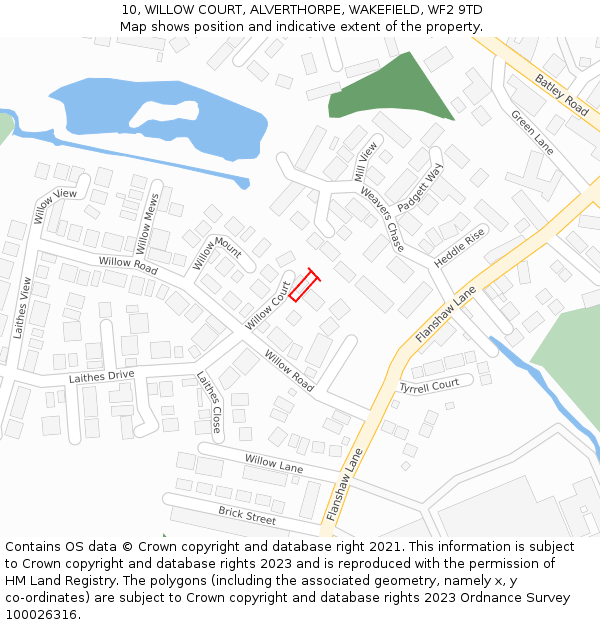 10, WILLOW COURT, ALVERTHORPE, WAKEFIELD, WF2 9TD: Location map and indicative extent of plot