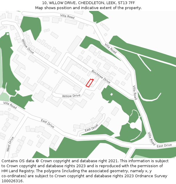 10, WILLOW DRIVE, CHEDDLETON, LEEK, ST13 7FF: Location map and indicative extent of plot