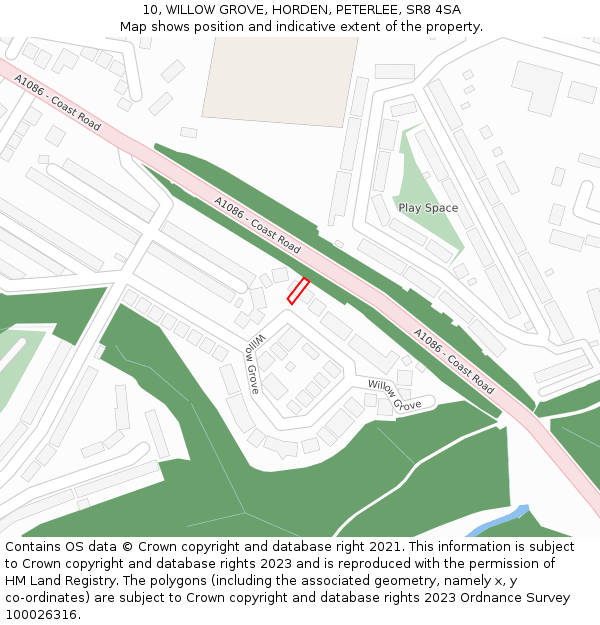 10, WILLOW GROVE, HORDEN, PETERLEE, SR8 4SA: Location map and indicative extent of plot