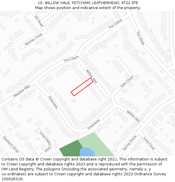 10, WILLOW VALE, FETCHAM, LEATHERHEAD, KT22 9TE: Location map and indicative extent of plot