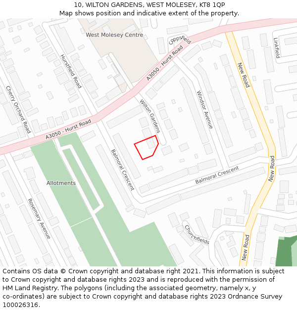 10, WILTON GARDENS, WEST MOLESEY, KT8 1QP: Location map and indicative extent of plot