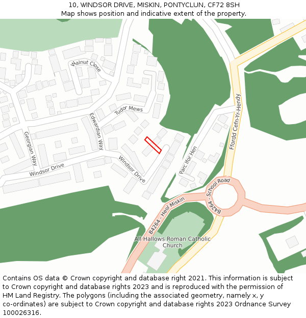 10, WINDSOR DRIVE, MISKIN, PONTYCLUN, CF72 8SH: Location map and indicative extent of plot