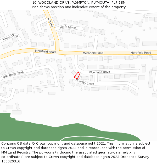 10, WOODLAND DRIVE, PLYMPTON, PLYMOUTH, PL7 1SN: Location map and indicative extent of plot