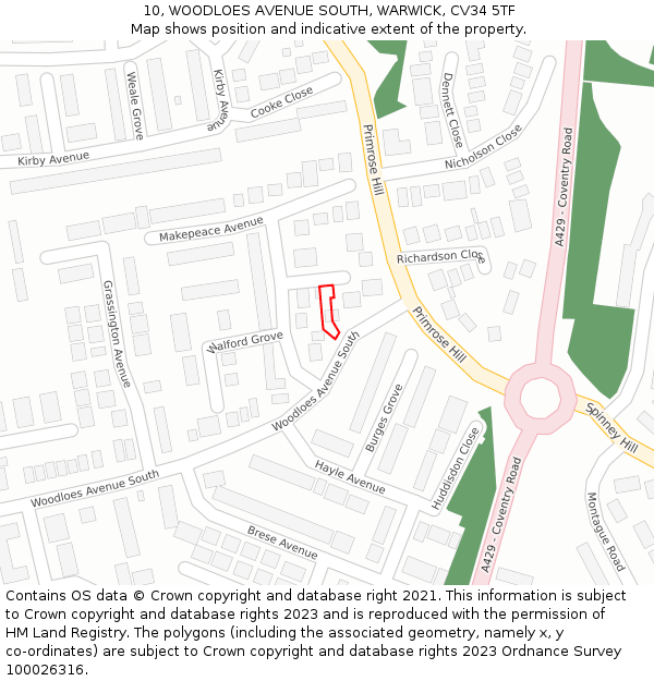 10, WOODLOES AVENUE SOUTH, WARWICK, CV34 5TF: Location map and indicative extent of plot