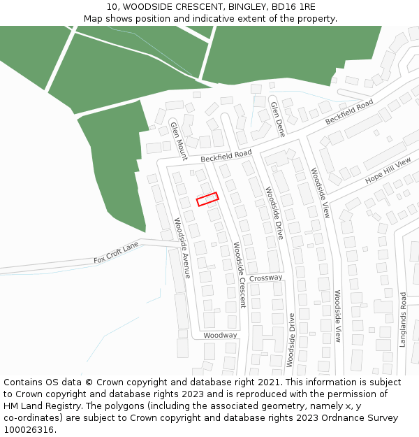 10, WOODSIDE CRESCENT, BINGLEY, BD16 1RE: Location map and indicative extent of plot