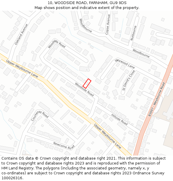 10, WOODSIDE ROAD, FARNHAM, GU9 9DS: Location map and indicative extent of plot