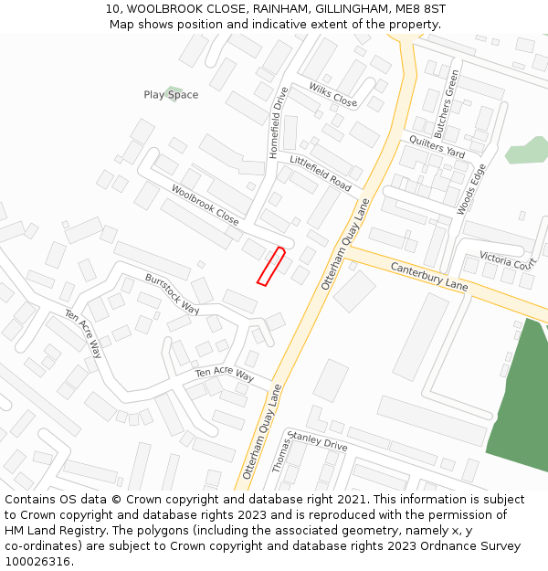 10, WOOLBROOK CLOSE, RAINHAM, GILLINGHAM, ME8 8ST: Location map and indicative extent of plot