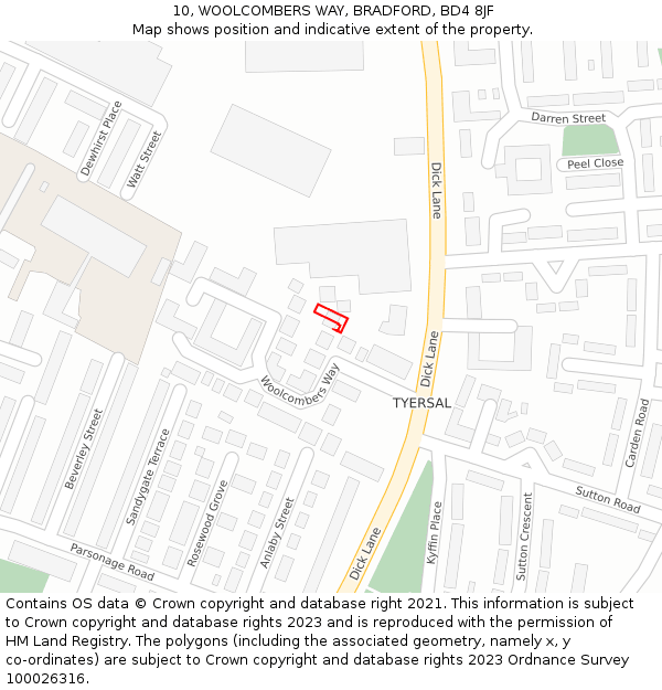 10, WOOLCOMBERS WAY, BRADFORD, BD4 8JF: Location map and indicative extent of plot